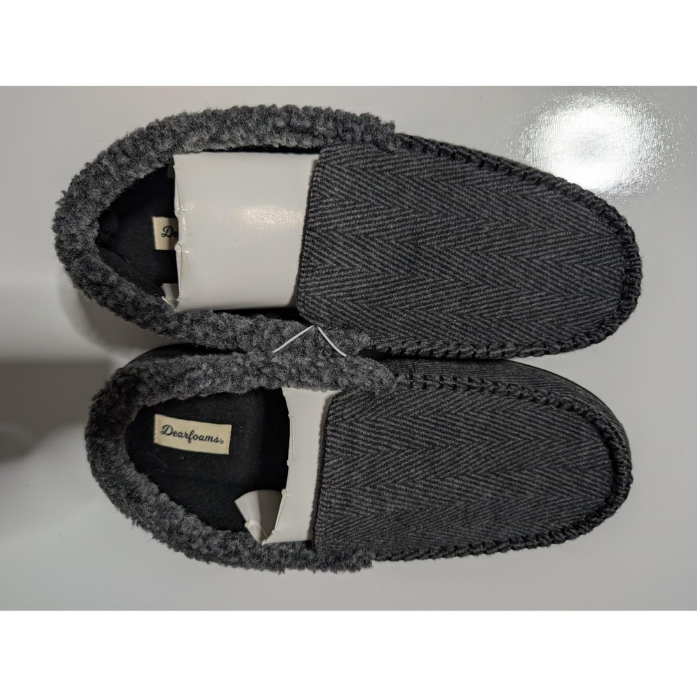 Dearfoams Slippers Mens Size 7-8‎ S Gray Herringbone Memory Foam Moccasin Faux